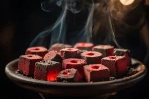 premium coconut shell charcoal cubes burning evenly with low ash on hookah bowl